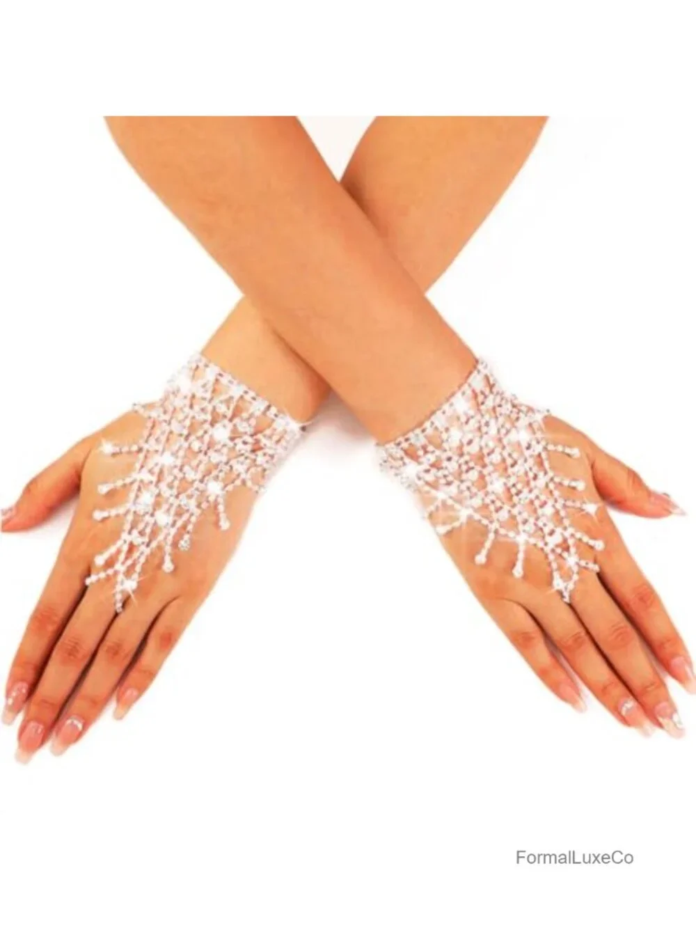 Rhinestone Fingerless Gloves Sparkle Glitter Hand Chain Prom Wedding